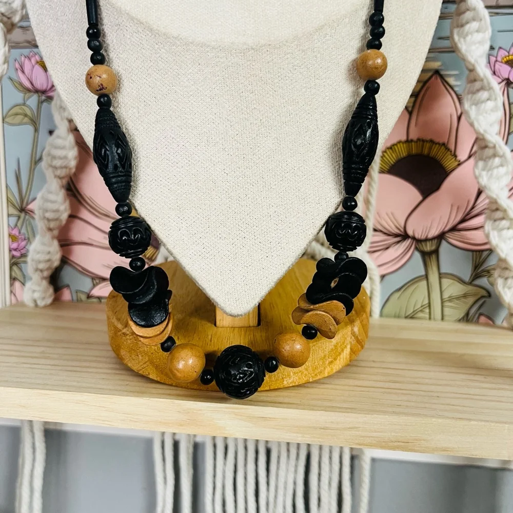 Vintage Carved Wood Bead Necklace | Black Brown Boho |‎ Earthy Whimsigoth Ethnic
